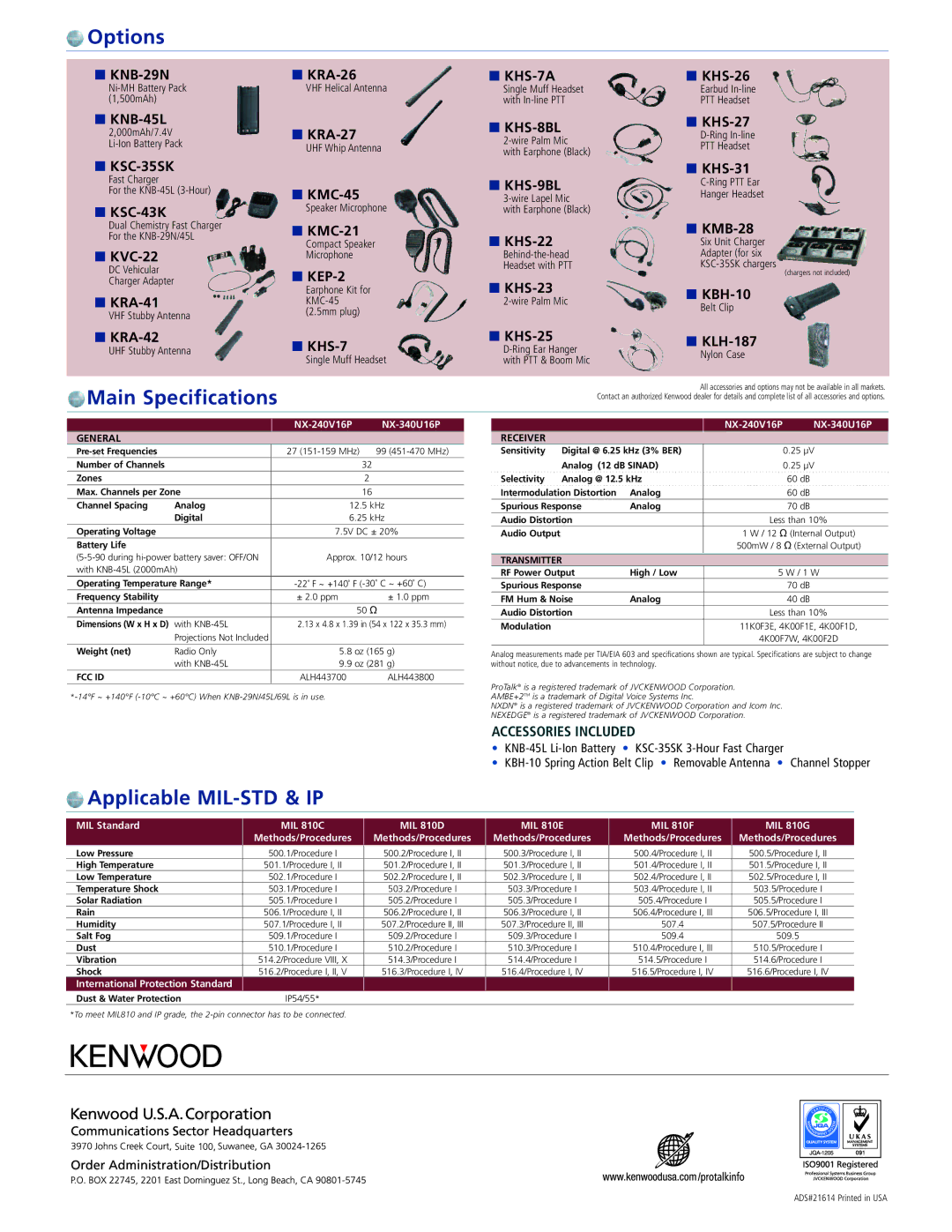 Kenwood NX-340U16P warranty Options, Main Specifications, Applicable MIL-STD & IP 