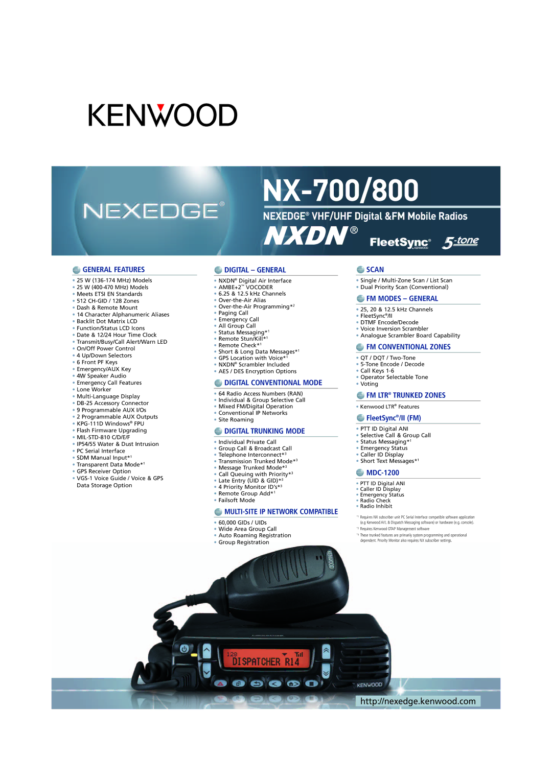 Kenwood NX-800, NX-700 manual General Features, Digital General, Digital Conventional Mode, Digital Trunking Mode, Scan 