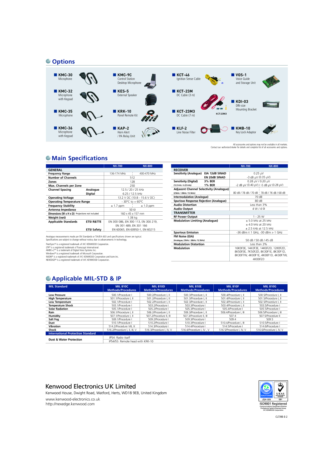 Kenwood NX-700, NX-800 manual Options, Main Specifications, Applicable MIL-STD & IP 