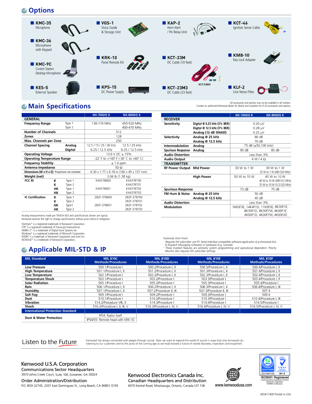 Kenwood NX-800HK, NX-700HK manual Options, Main Specifications, Applicable MIL-STD & IP 