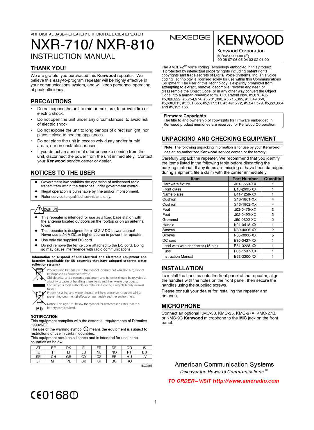 Kenwood NXR-710 instruction manual Thank YOU, Precautions, Unpacking and Checking Equipment, Installation, Microphone 