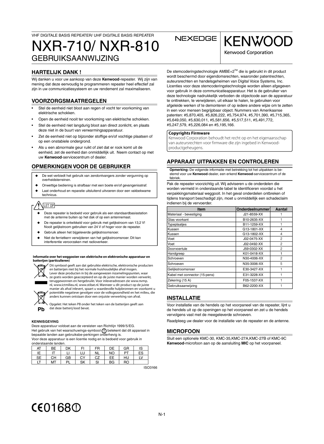 Kenwood NXR-710, NXR-810 instruction manual Gebruiksaanwijzing 