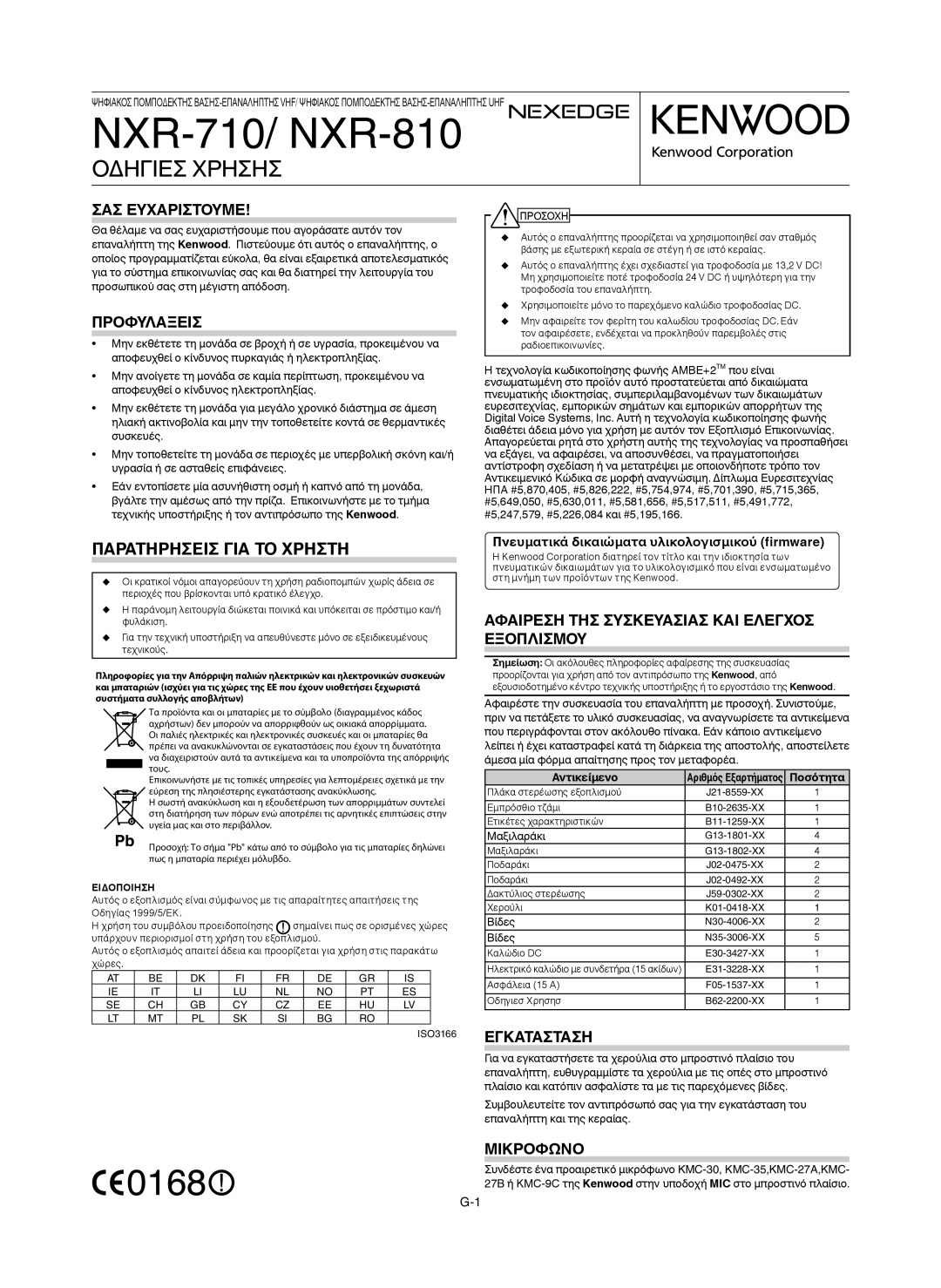 Kenwood NXR-710 ΣΑΣ Ευχαριστουμε, Προφυλαξεισ, Αφαιρεση ΤΗΣ Συσκευασιασ ΚΑΙ Ελεγχοσ Εξοπλισμου, Εγκατασταση, Μικροφωνο 