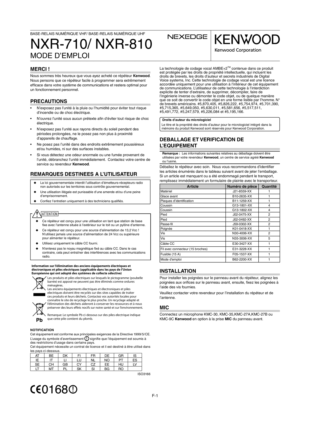 Kenwood NXR-710, NXR-810 instruction manual Mode D’EMPLOI 