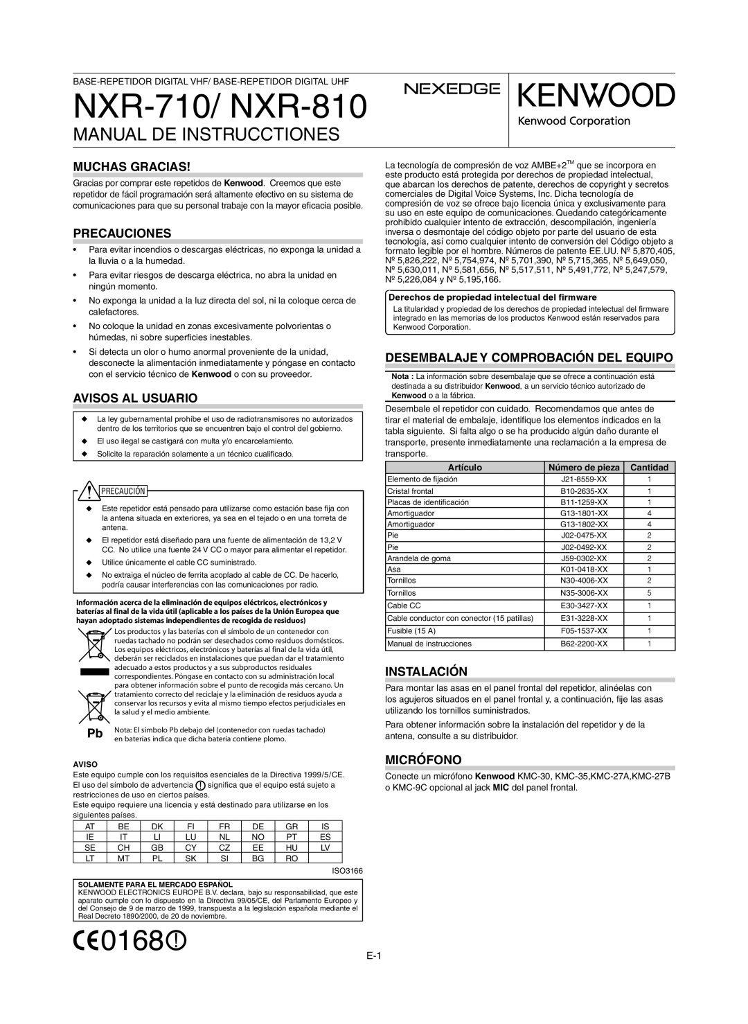 Kenwood NXR-710, NXR-810 instruction manual Manual DE Instrucctiones 