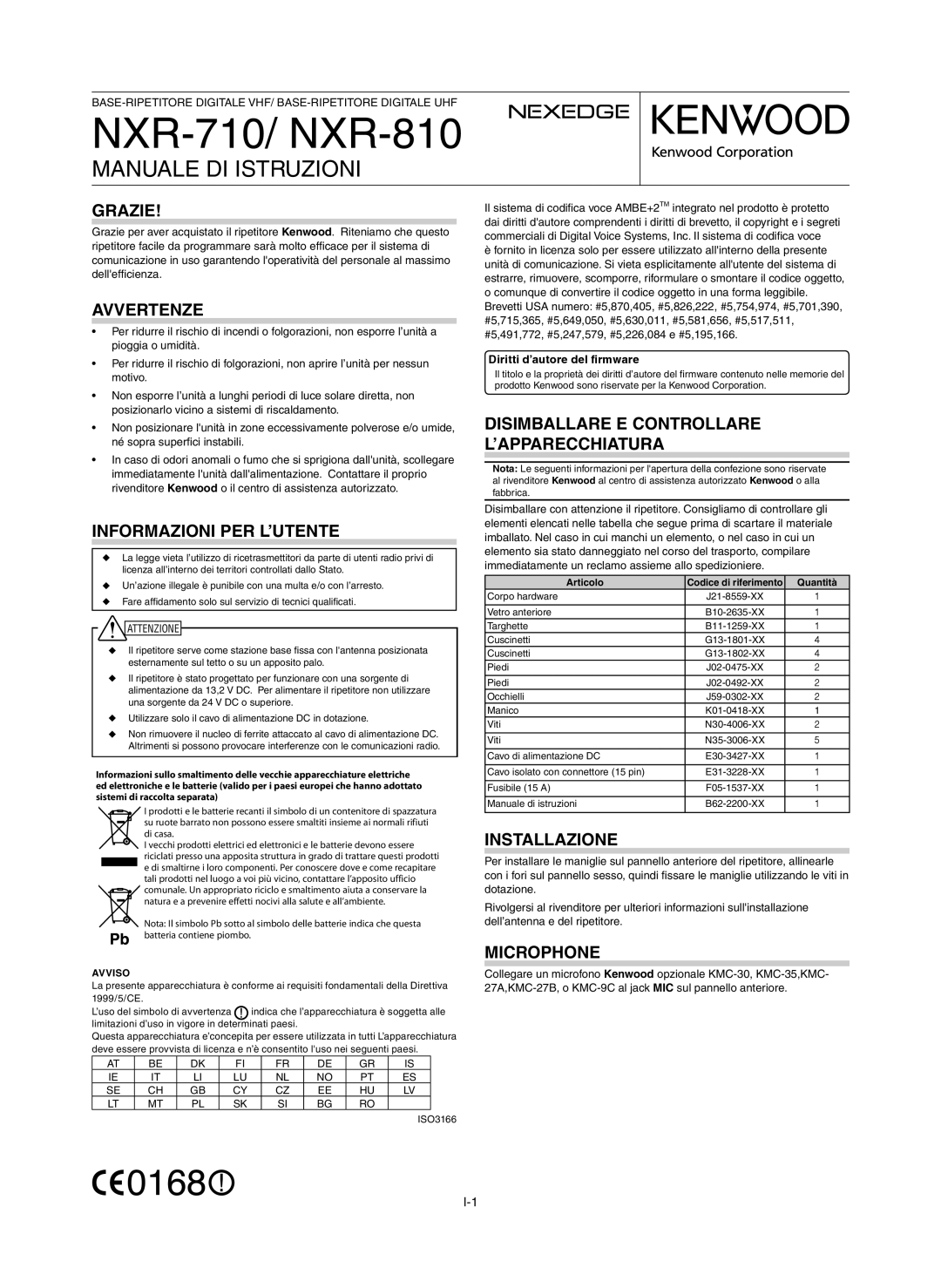 Kenwood NXR-710, NXR-810 instruction manual Manuale DI Istruzioni 