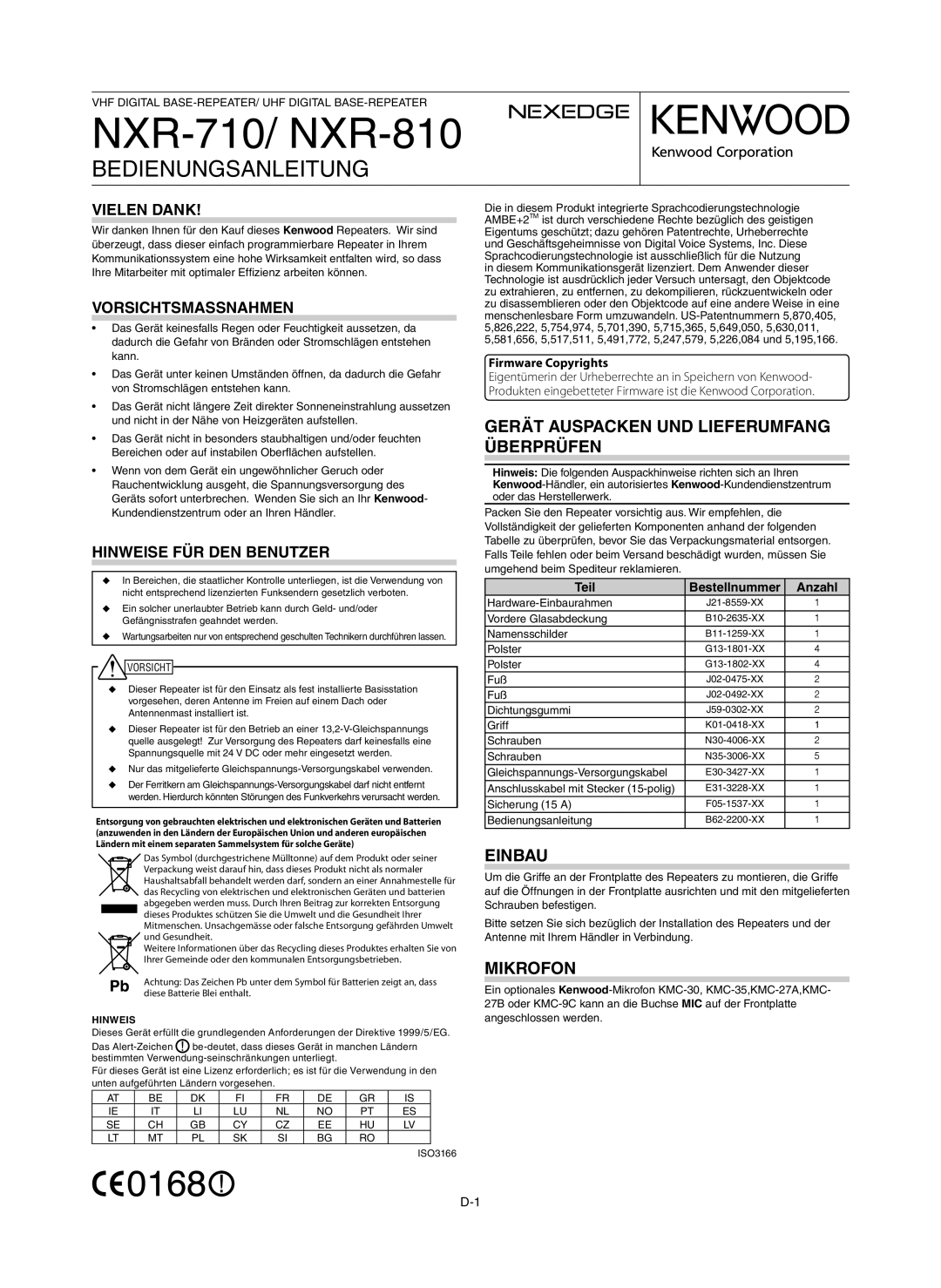 Kenwood NXR-710, NXR-810 Bedienungsanleitung, Gerät Auspacken UND Lieferumfang Überprüfen, Einbau, Mikrofon 