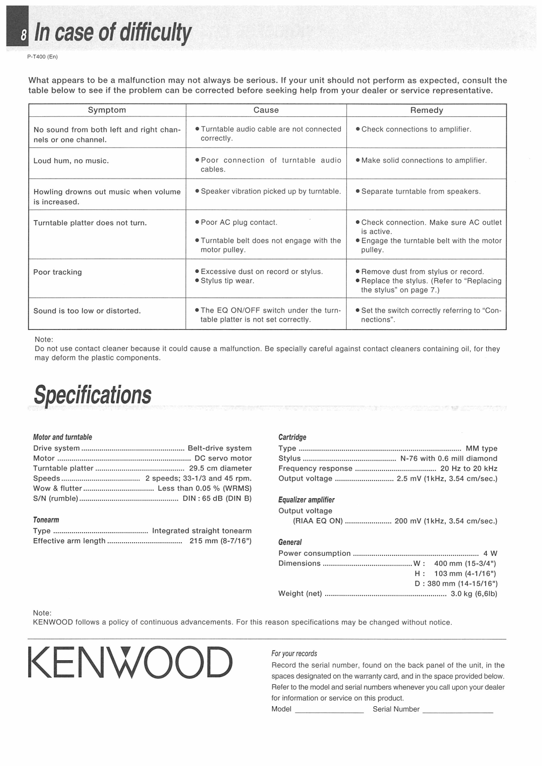 Kenwood P-T400 manual 