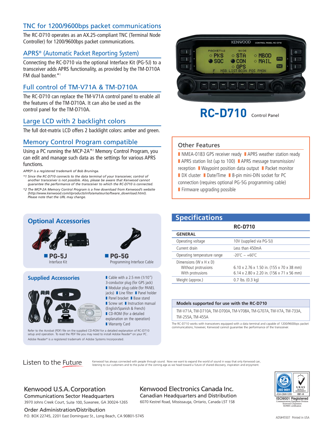 Kenwood RC-D710 Specifications, TNC for 1200/9600bps packet communications, APRS Automatic Packet Reporting System, PG-5J 