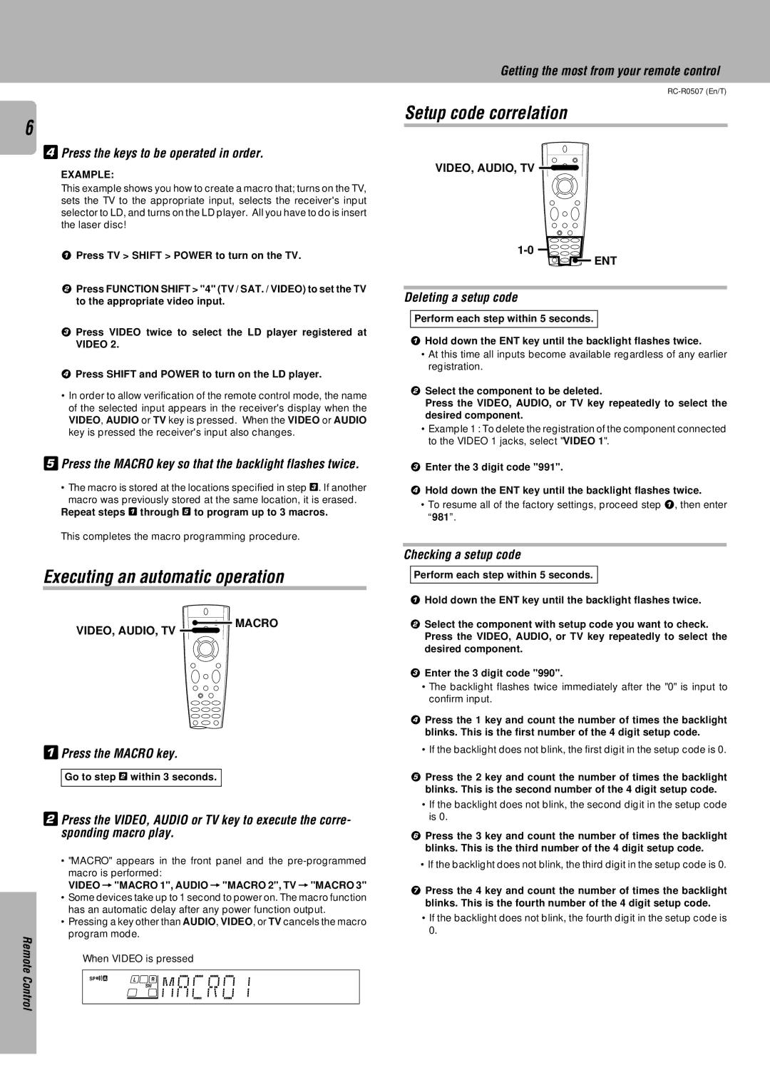 Kenwood RC-R0507 Press the keys to be operated in order, Press the Macro key so that the backlight flashes twice 