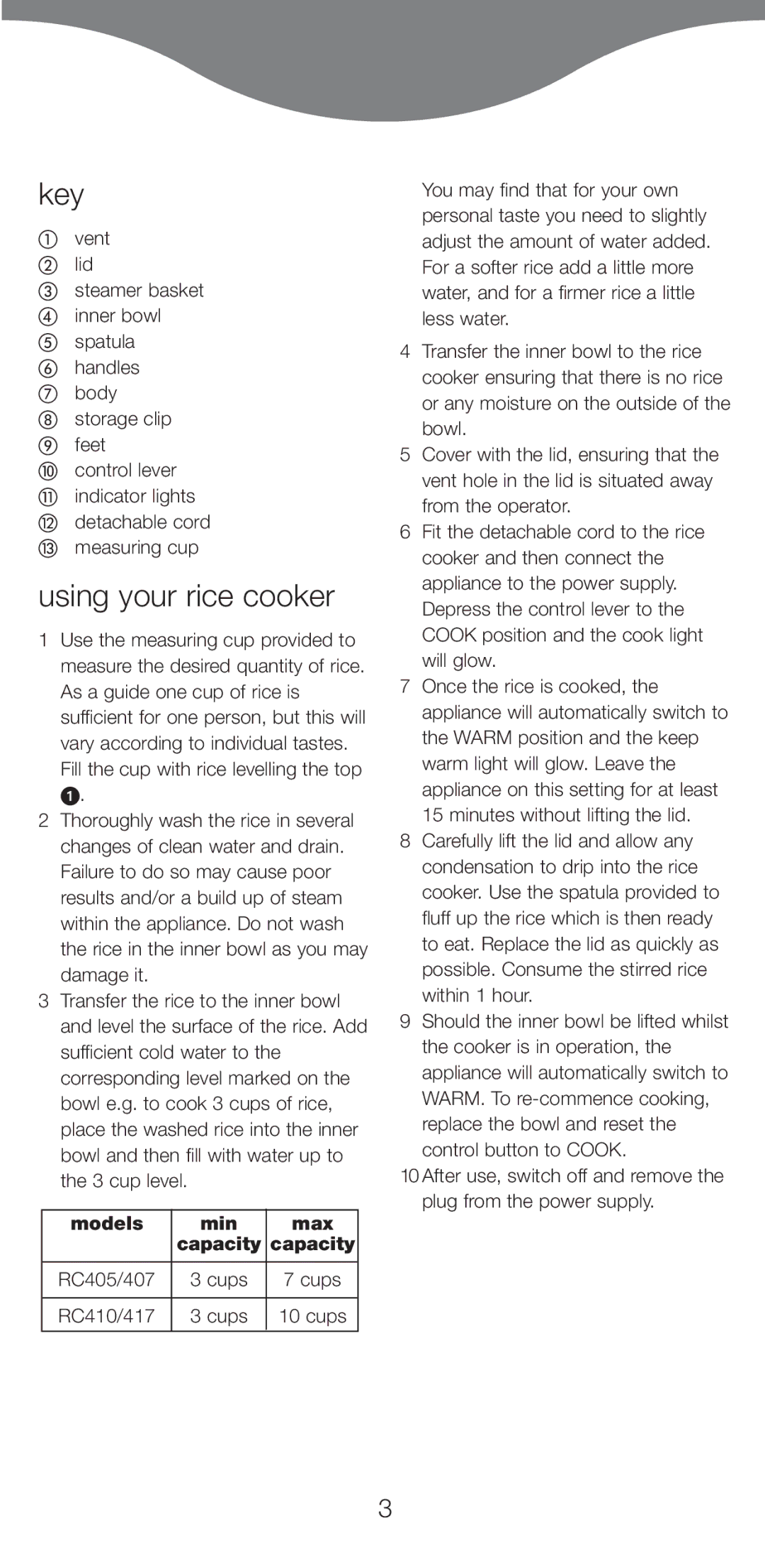 Kenwood RC400 manual Key, Using your rice cooker, Models Min Max Capacity, Cups 