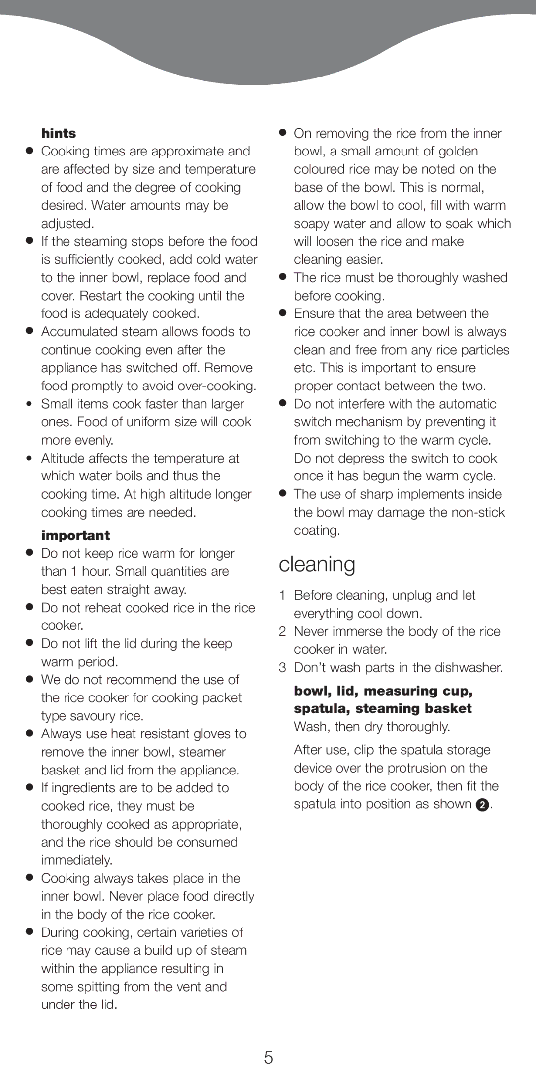 Kenwood RC400 manual Cleaning, Hints, Rice must be thoroughly washed before cooking, After use, clip the spatula storage 