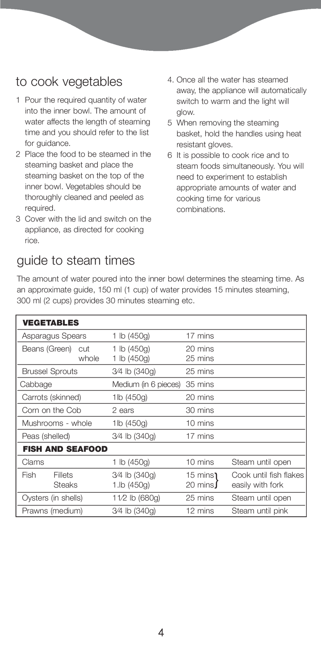 Kenwood RC400 manual to cook vegetables, guide to steam times, Vegetables, Fish And Seafood 