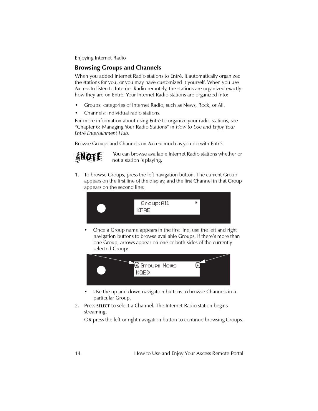 Kenwood REMOTE PORTAL AXCESS manual Browsing Groups and Channels 