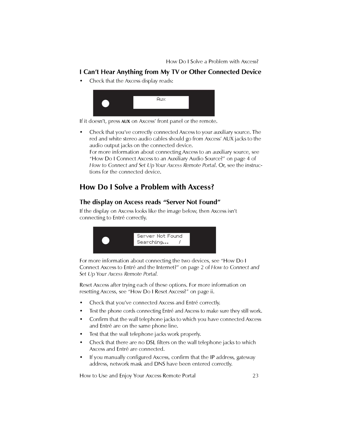 Kenwood REMOTE PORTAL AXCESS manual How Do I Solve a Problem with Axcess?, Display on Axcess reads Server Not Found 