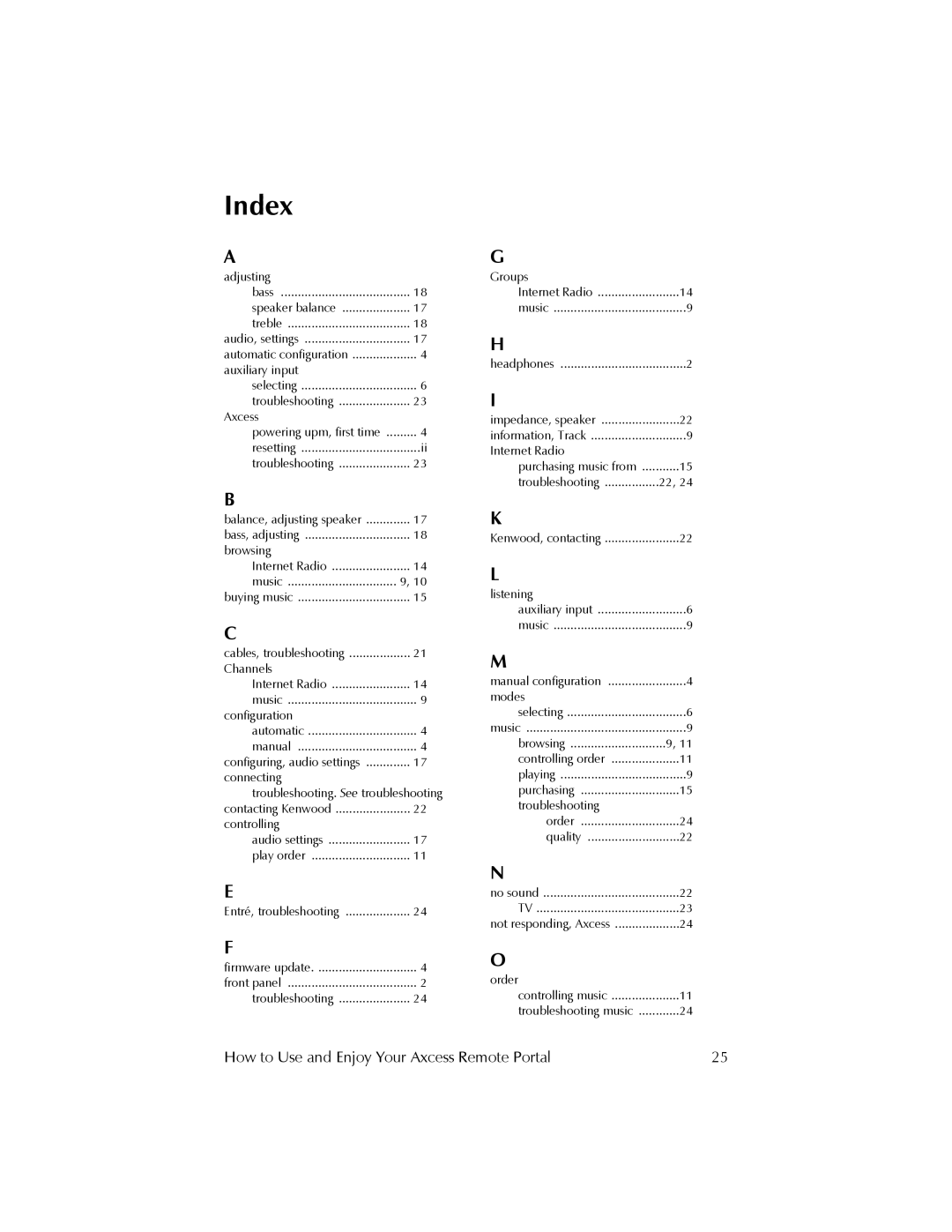 Kenwood REMOTE PORTAL AXCESS manual Index, Axcess 