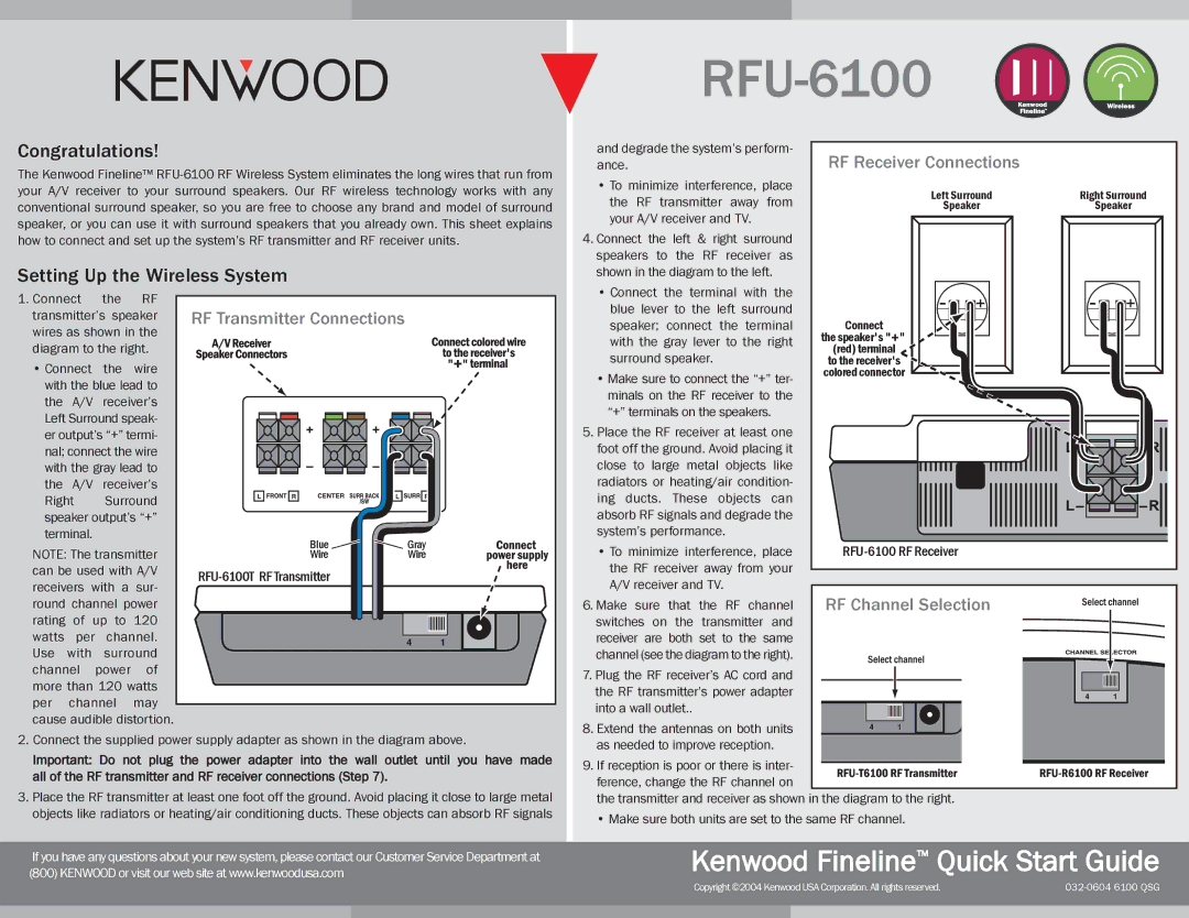 Kenwood RFU-6100 manual Congratulations, Setting Up the Wireless System 