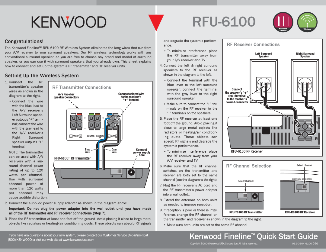Kenwood RFU-6100 manual Kenwood Fineline Quick Start Guide, Congratulations, Setting Up the Wireless System 