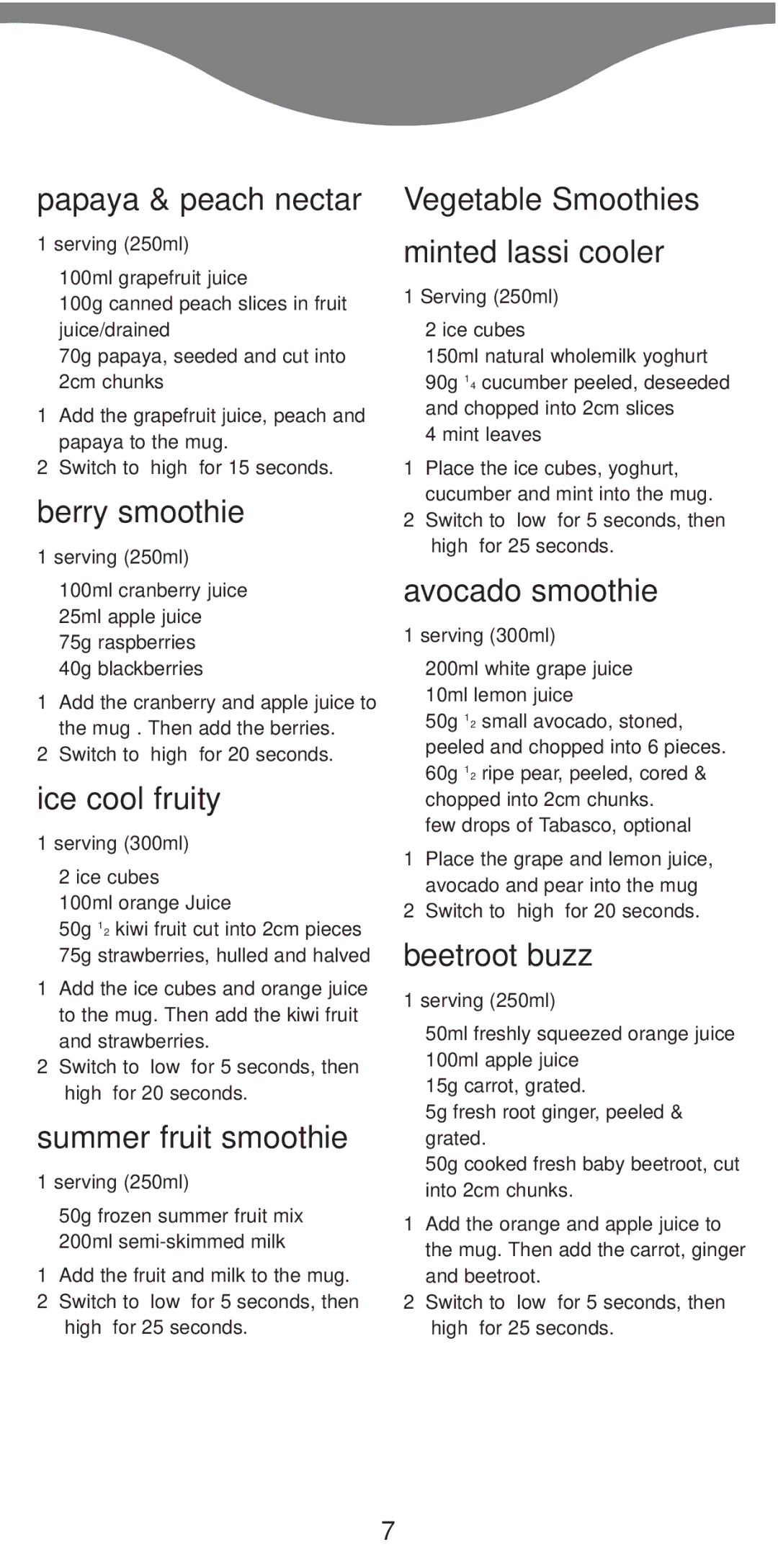 Kenwood SB050 manual Papaya & peach nectar, Berry smoothie, Ice cool fruity, Summer fruit smoothie, Minted lassi cooler 