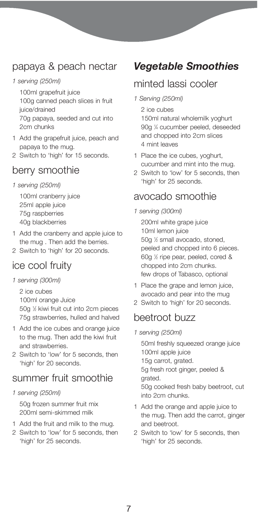 Kenwood SB050 manual papaya & peach nectar, berry smoothie, ice cool fruity, summer fruit smoothie, Vegetable Smoothies 
