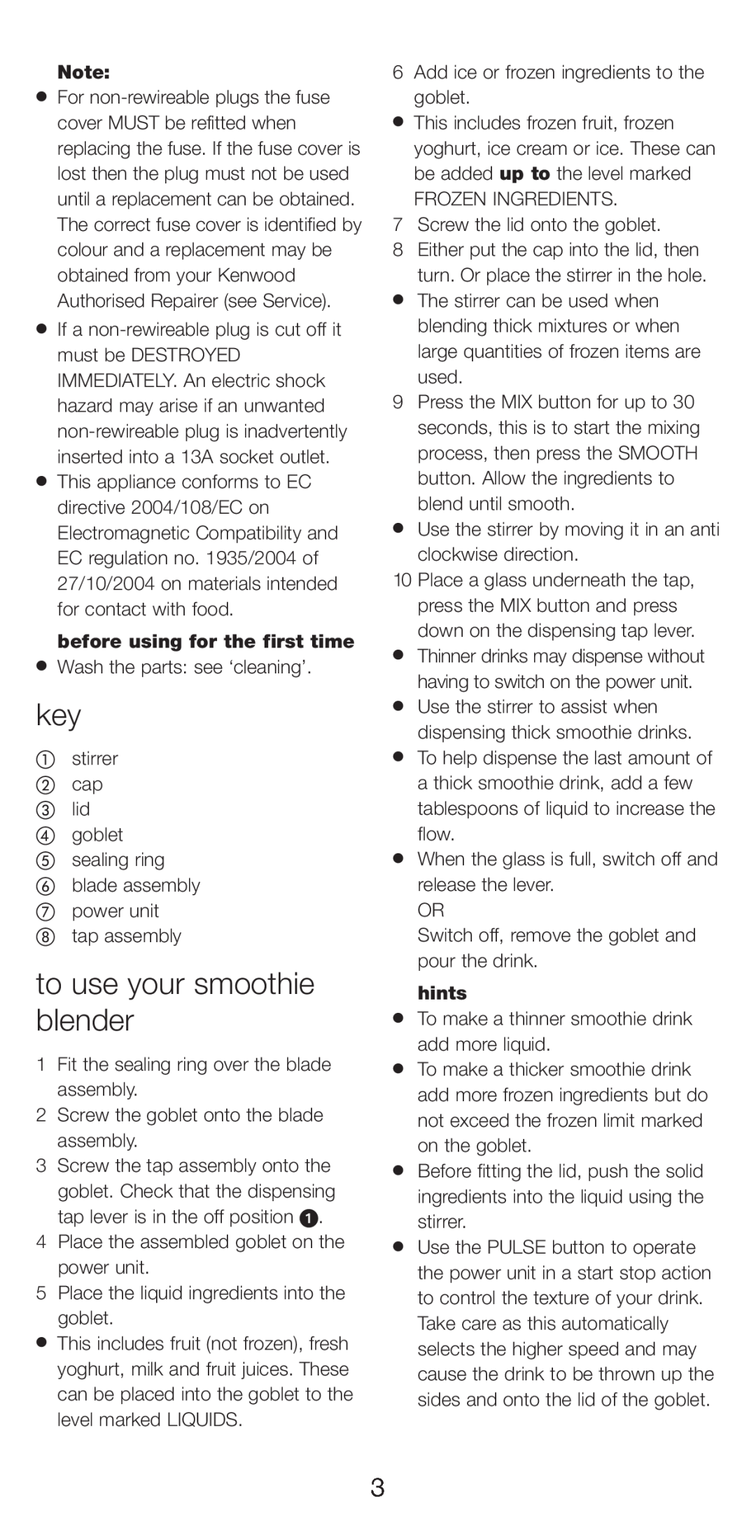 Kenwood SB240 manual to use your smoothie blender, before using for the first time, hints 