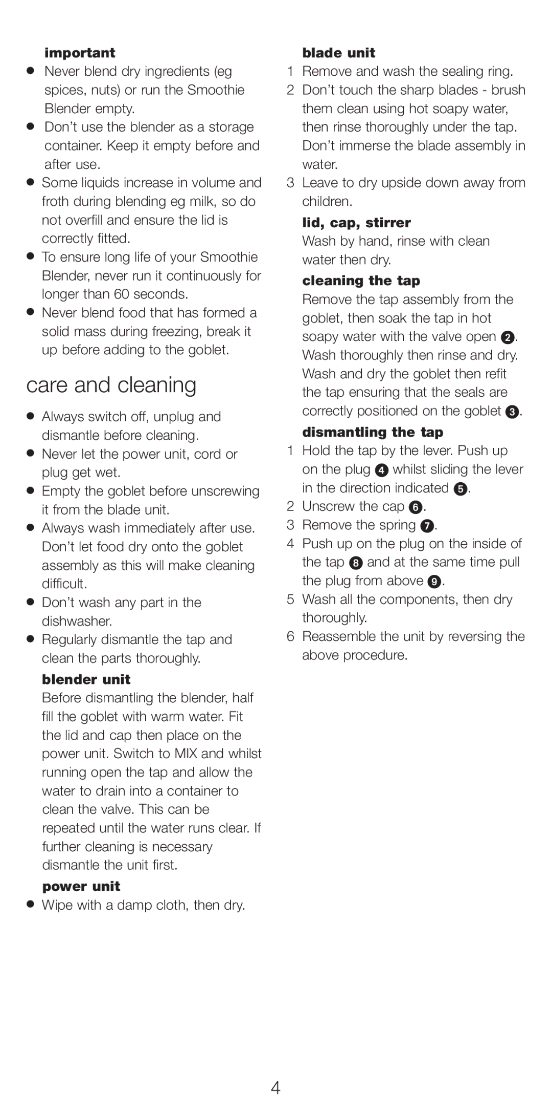 Kenwood SB250 manual Care and cleaning 