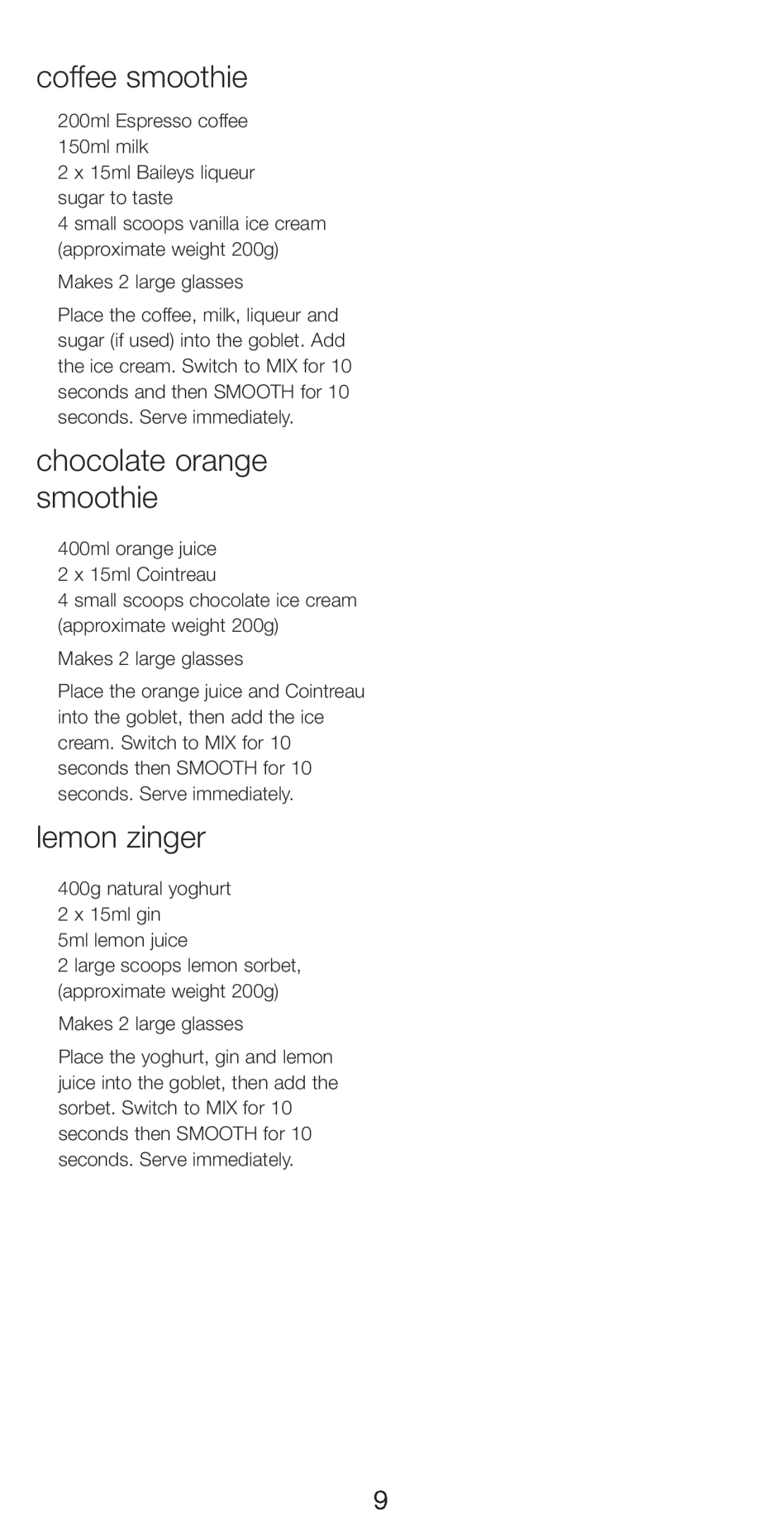 Kenwood SB250 manual coffee smoothie, chocolate orange smoothie, lemon zinger 