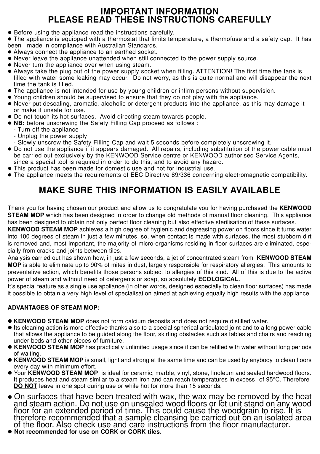 Kenwood SC300 instruction manual Make Sure this Information is Easily Available 