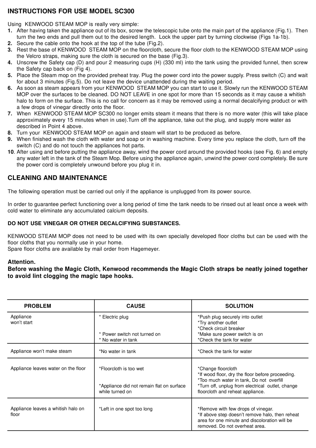 Kenwood instruction manual Instructions for USE Model SC300, Cleaning and Maintenance 