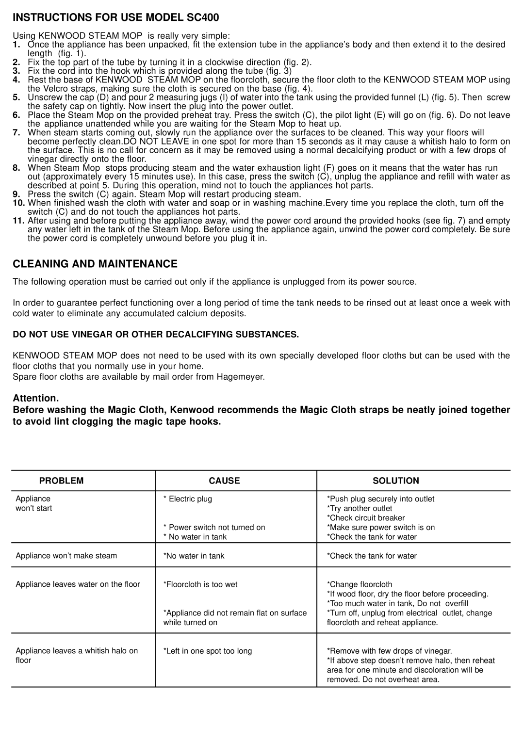 Kenwood SC300 instruction manual Instructions for USE Model SC400 