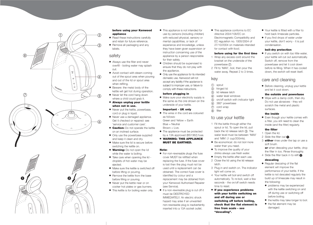 Kenwood SJM282 manual Safety, Key, To use your kettle, Care and cleaning 