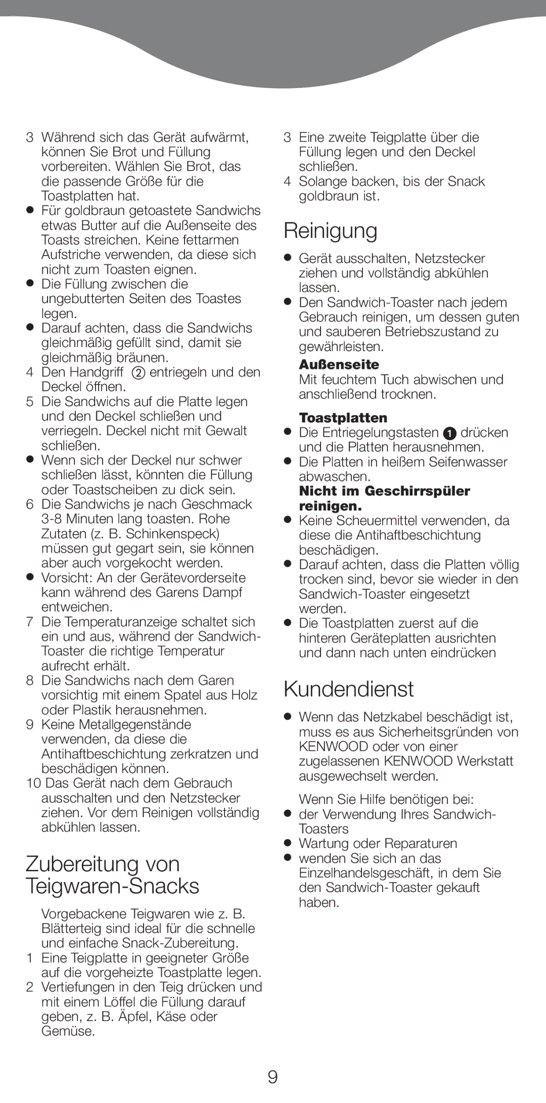 Kenwood SM420 manual Zubereitung von Teigwaren-Snacks, Reinigung, Kundendienst 