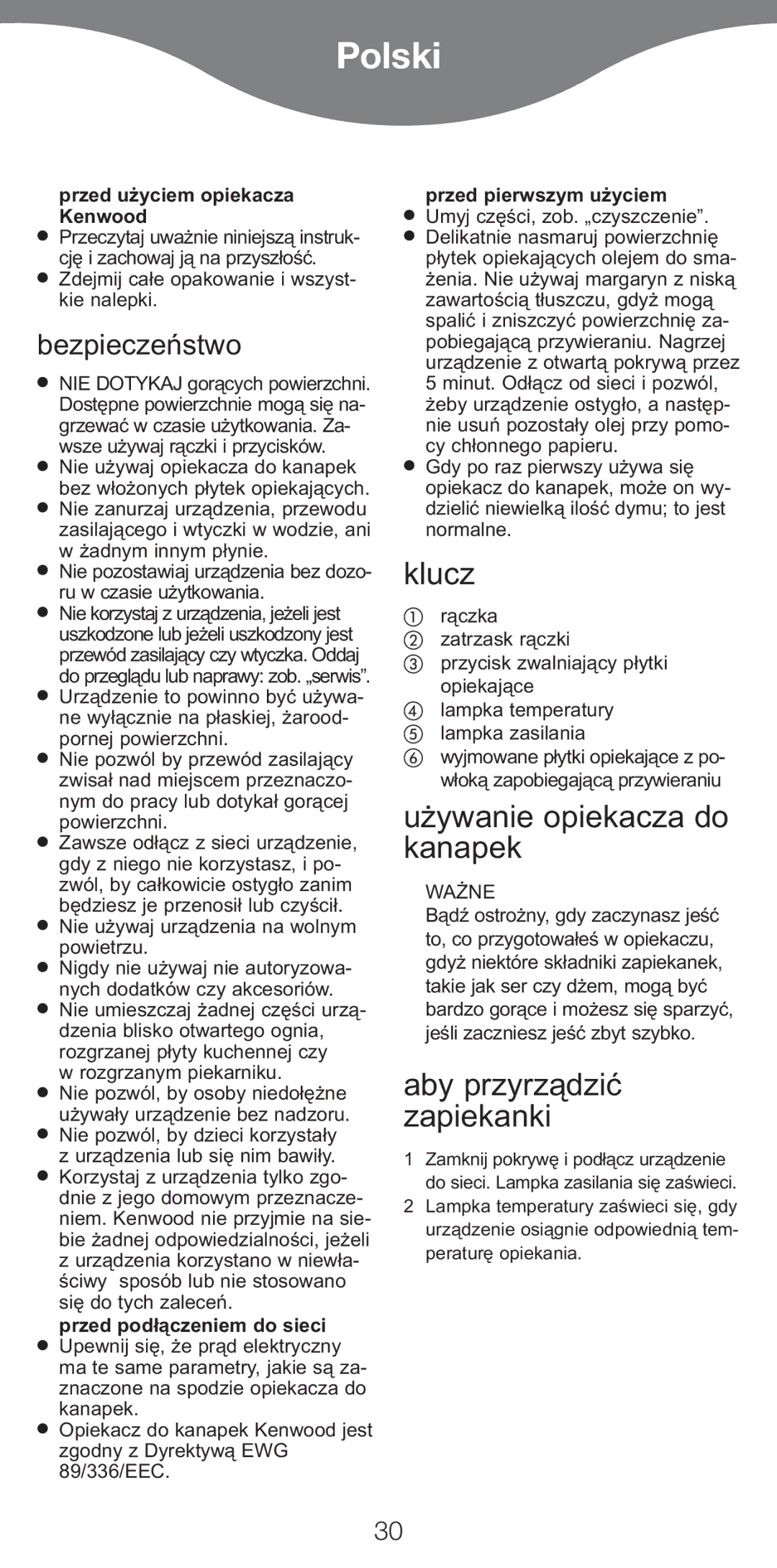 Kenwood SM420 manual Polski, Klucz, Używanie opiekacza do kanapek, Aby przyrządzić zapiekanki 