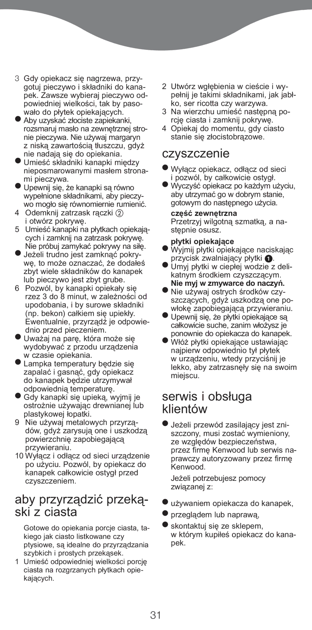 Kenwood SM420 manual Aby przyrządzić przeką- ski z ciasta, Czyszczenie, Serwis i obsługa klientów 