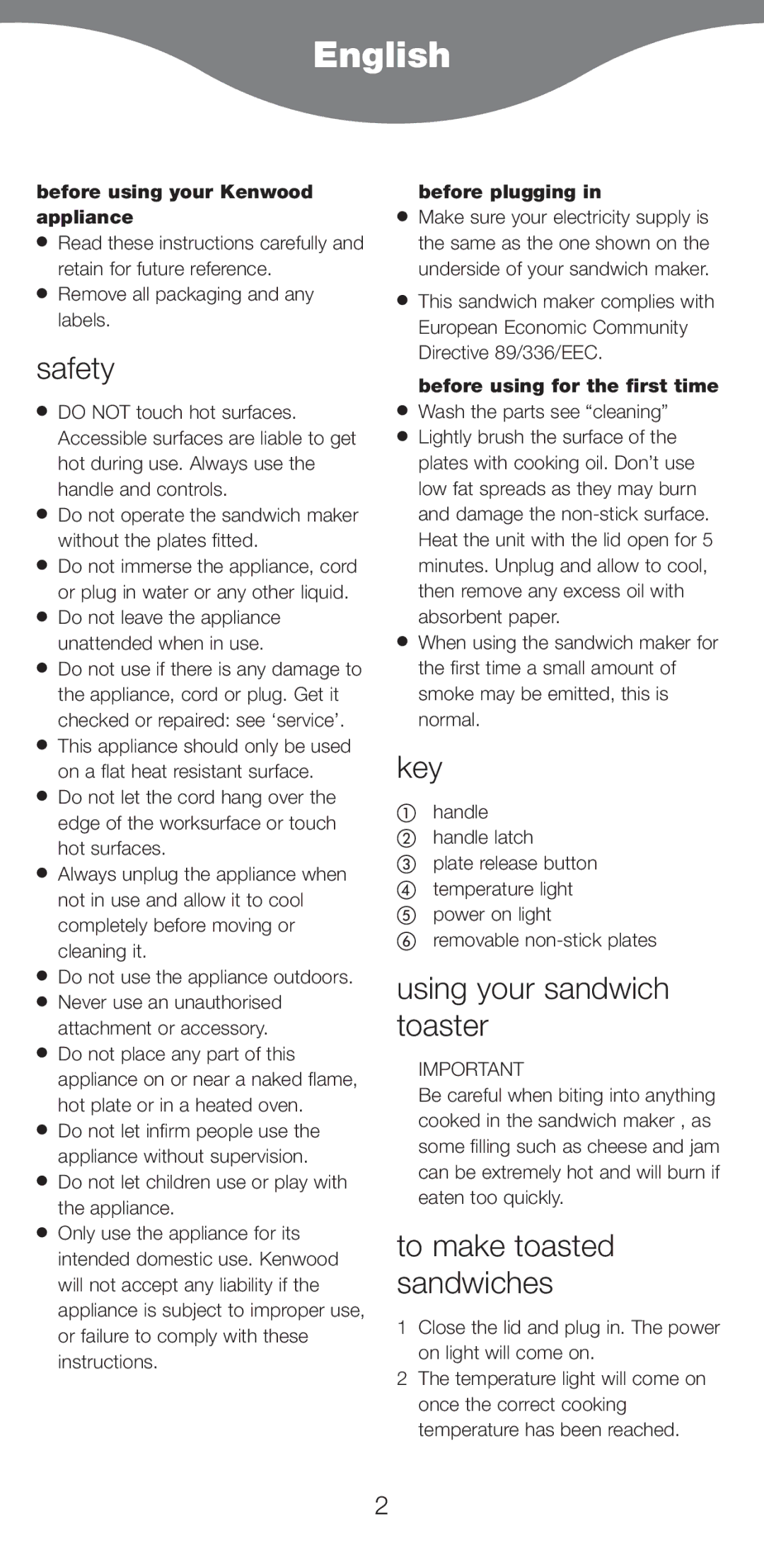 Kenwood SM420 manual English, Safety, Key, Using your sandwich toaster, To make toasted sandwiches 