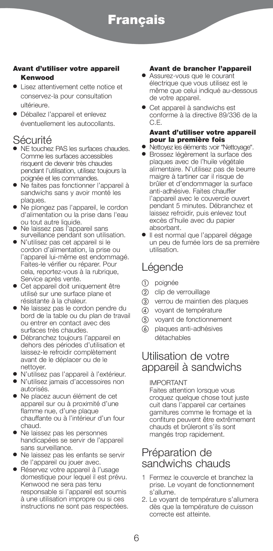 Kenwood SM420 Français, Sécurité, Légende, Utilisation de votre appareil à sandwichs, Préparation de sandwichs chauds 