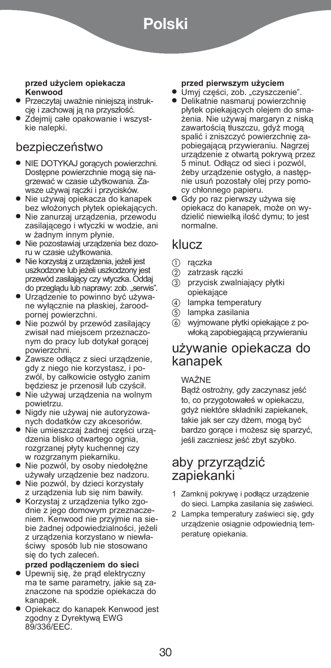 Kenwood SM420 manual Polski, klucz, używanie opiekacza do kanapek, aby przyrządzić zapiekanki, bezpieczeństwo 