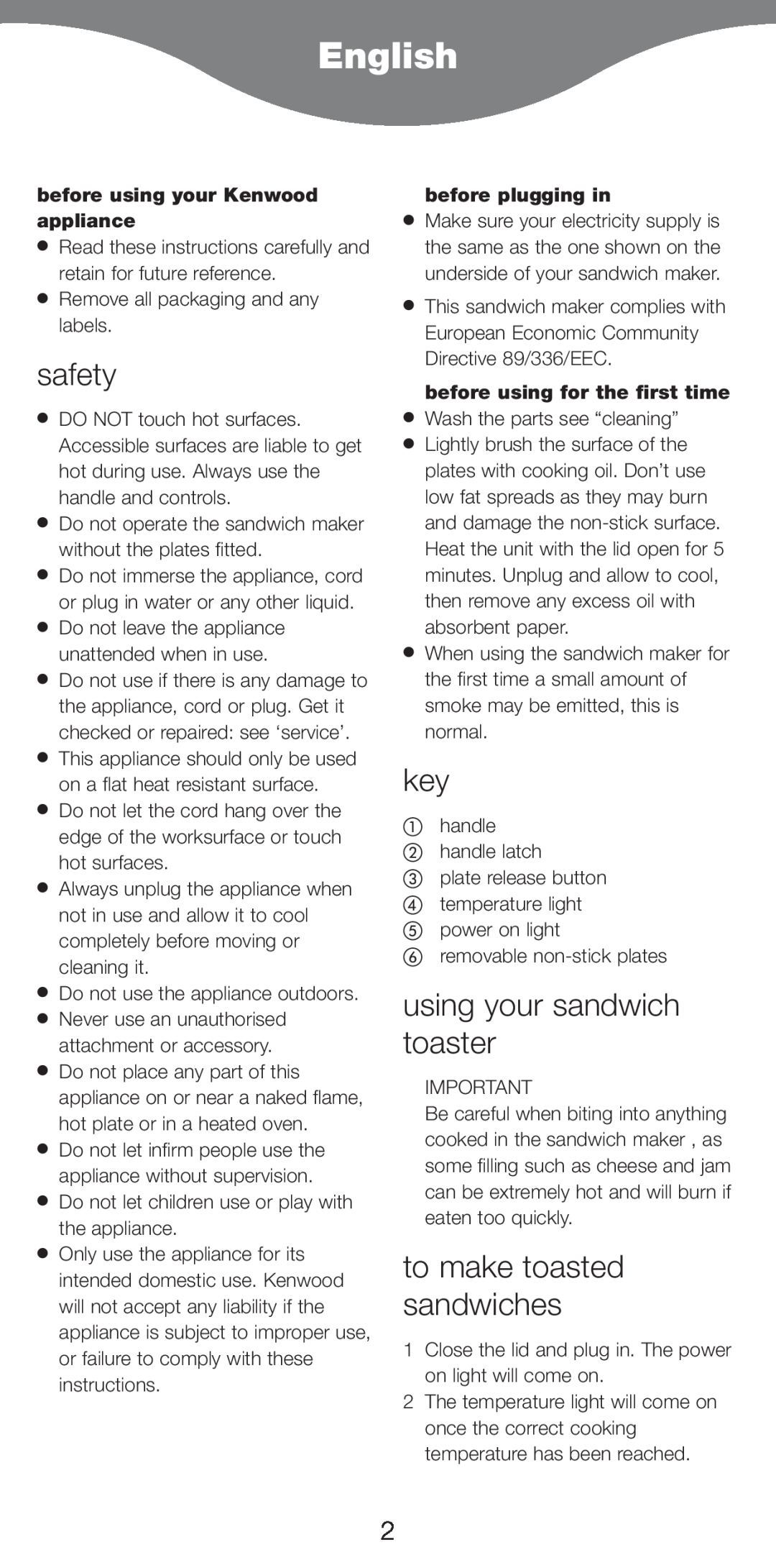 Kenwood SM420 manual English, safety, using your sandwich toaster, to make toasted sandwiches, before plugging in 