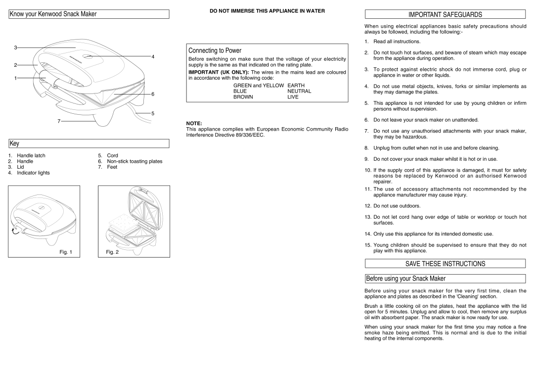 Kenwood manual Know your Kenwood Snack Maker Key, Connecting to Power, Important Safeguards, Blueneutral Brownlive 