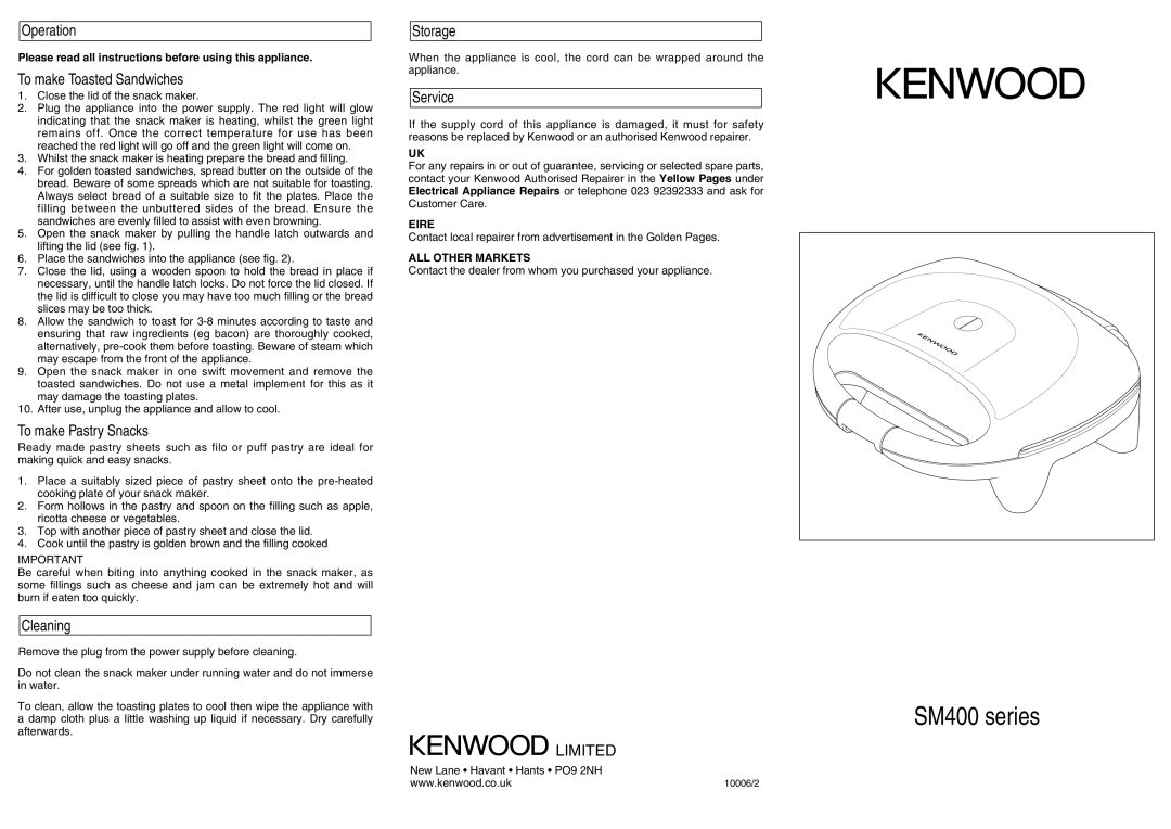 Kenwood Snack Maker manual Limited 