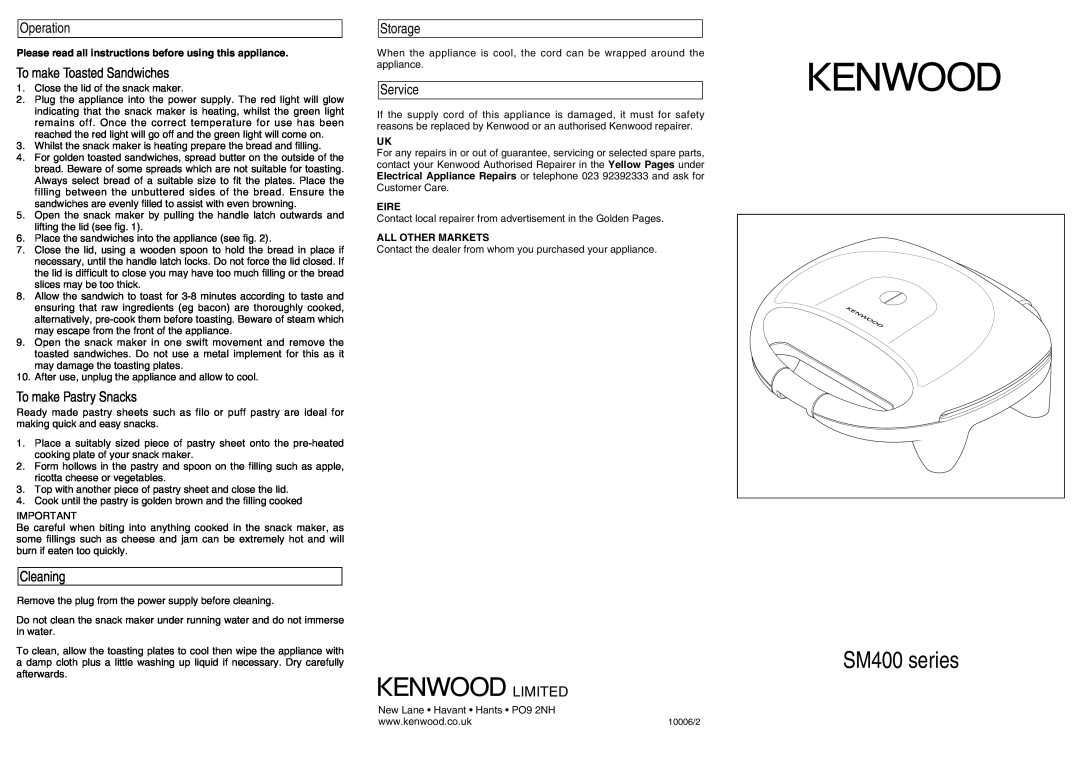 Kenwood Snack Maker Operation, To make Toasted Sandwiches, To make Pastry Snacks, Cleaning, Storage, Service, Limited 