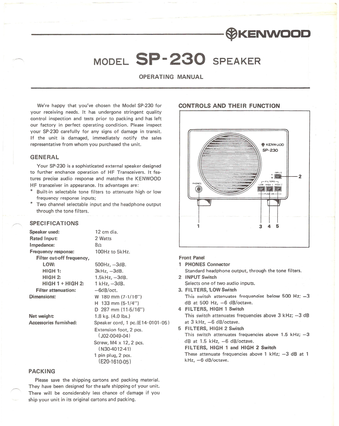 Kenwood SP-230 specifications Operating Manual, Controls and Their Function, General, Specifications, Packing 