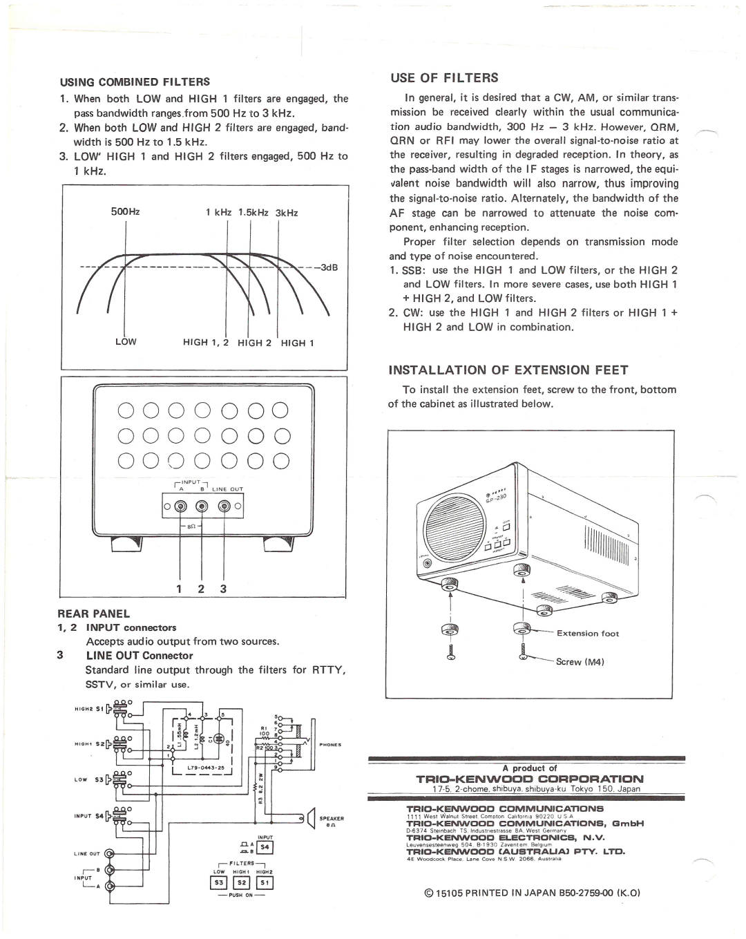 Kenwood SP-230 specifications USE of Filters, Installation of Extension Feet, 123 