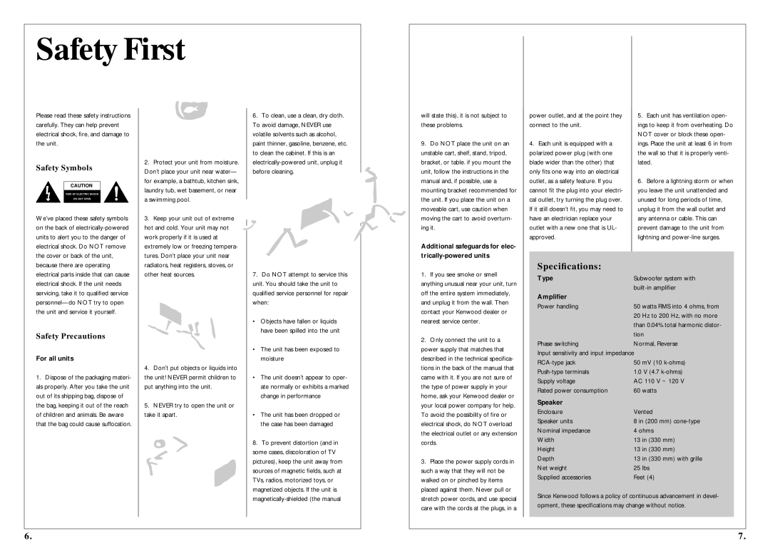 Kenwood SW-200 owner manual Safety First, Speciﬁcations 