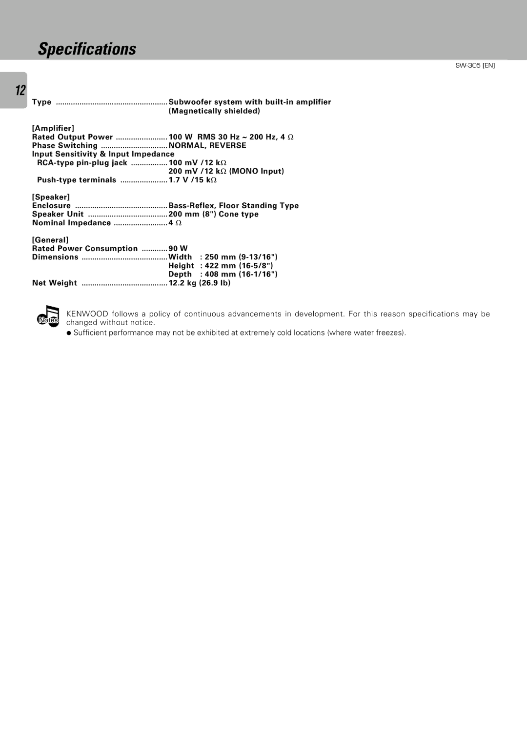 Kenwood SW-305, SW-505D instruction manual Specifications, NORMAL, Reverse 