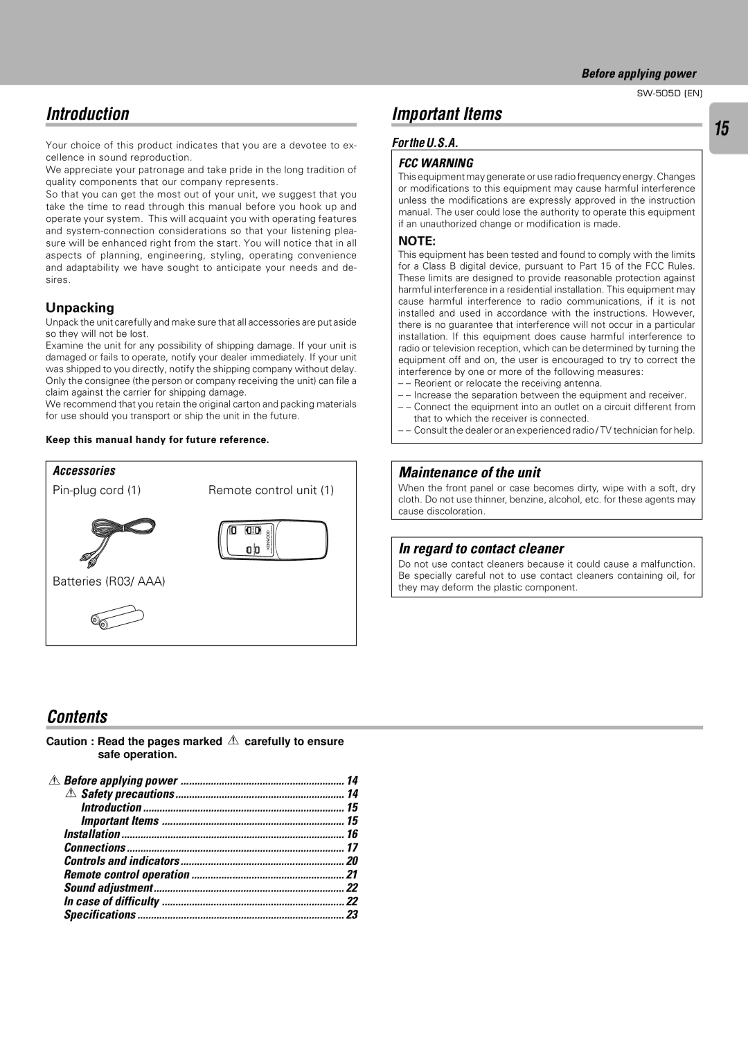 Kenwood SW-505D, SW-305 instruction manual FCC Warning 