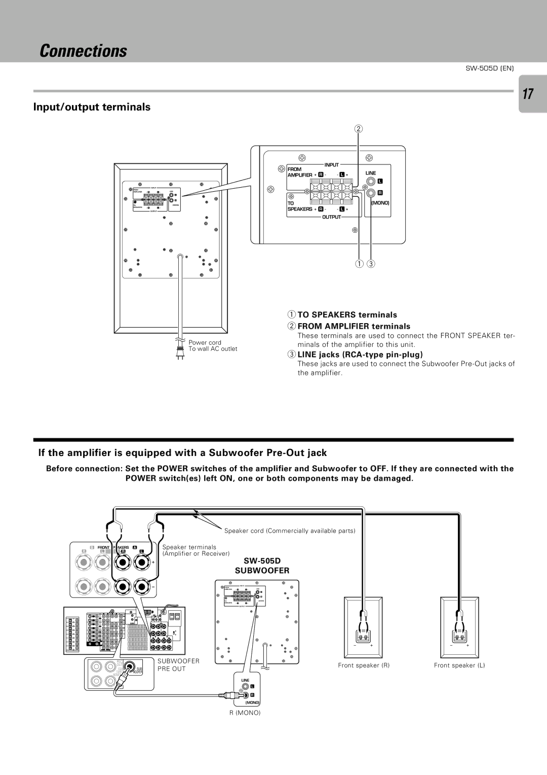 Kenwood SW-505D, SW-305 instruction manual To Speakers terminals, From Amplifier terminals 