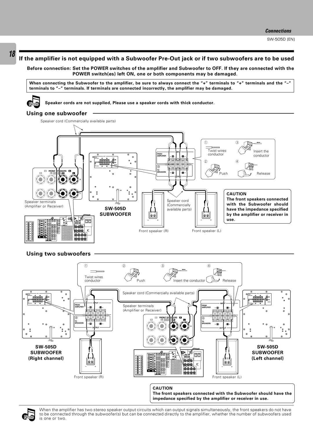 Kenwood SW-305 instruction manual SW-505D Subwoofer Left channel, Front speakers connected, With the Subwoofer should 