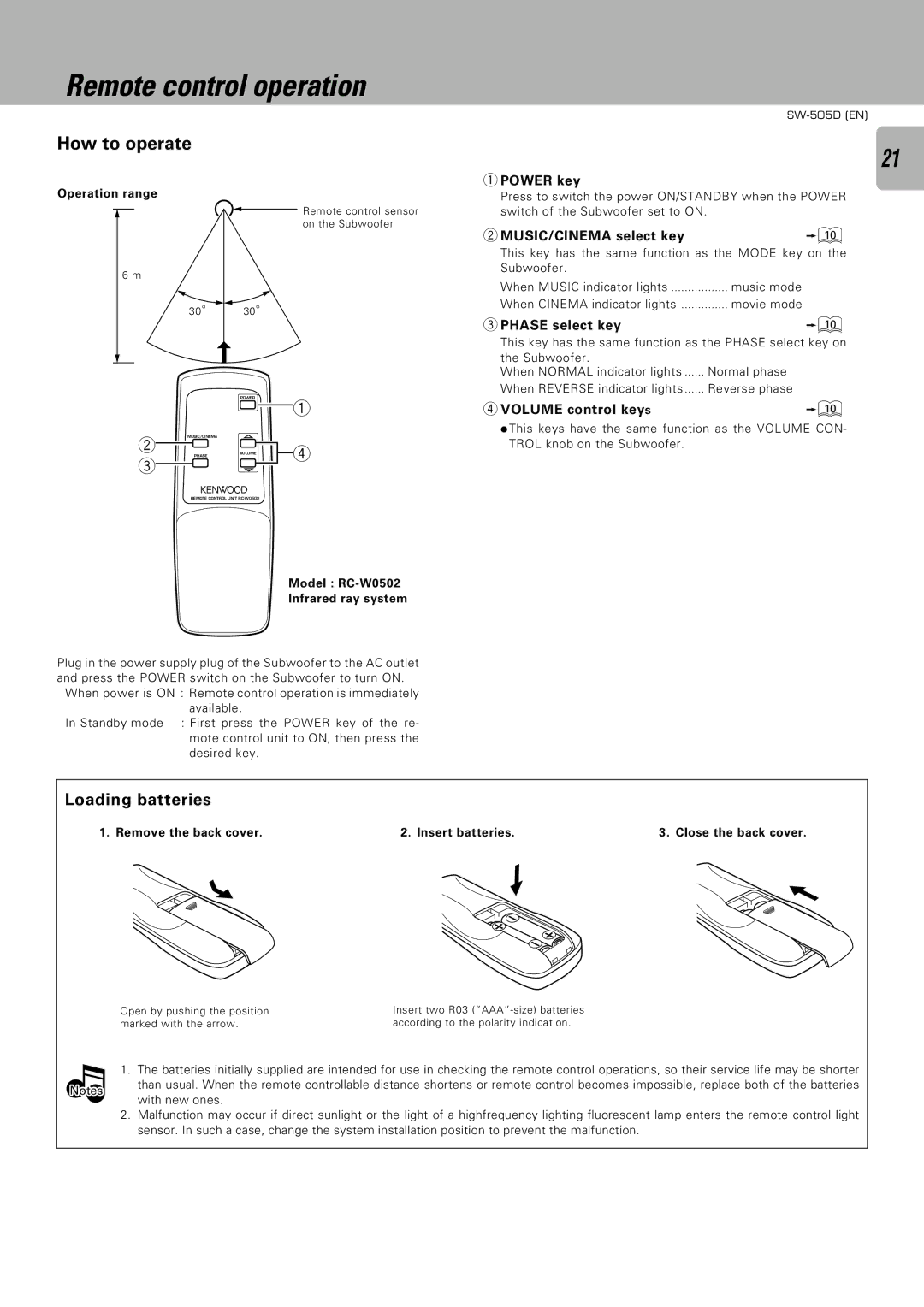 Kenwood SW-505D Remote control operation, Loading batteries, Power key, 2MUSIC/CINEMA select key, Volume control keys 