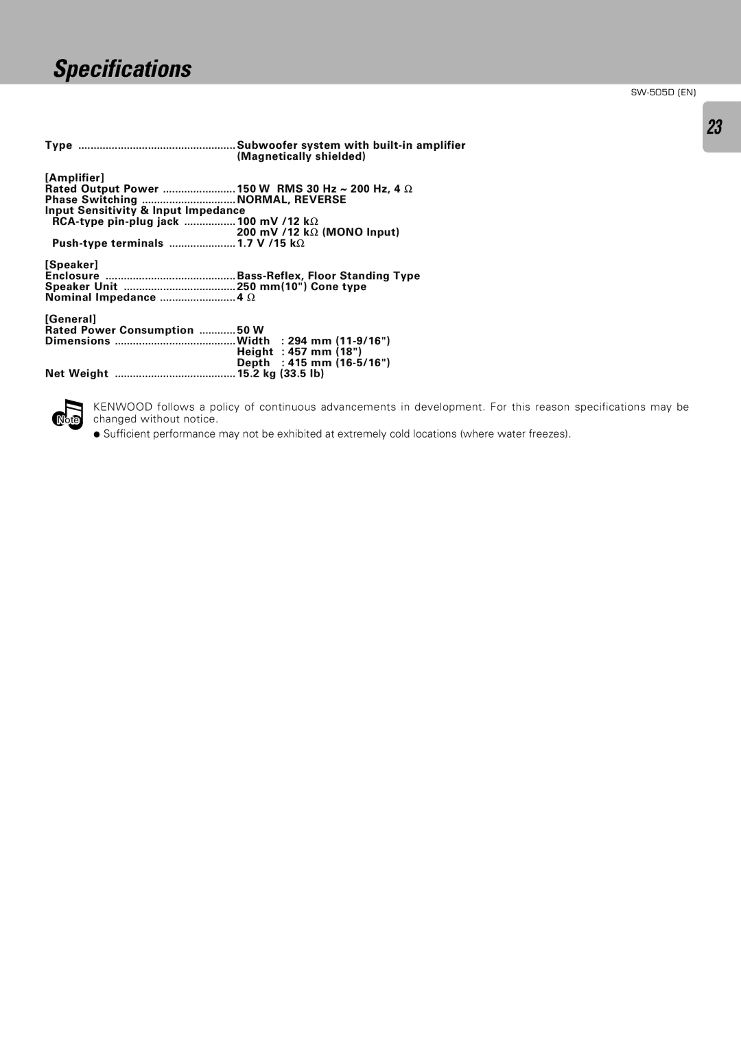 Kenwood SW-505D, SW-305 instruction manual Specifications 